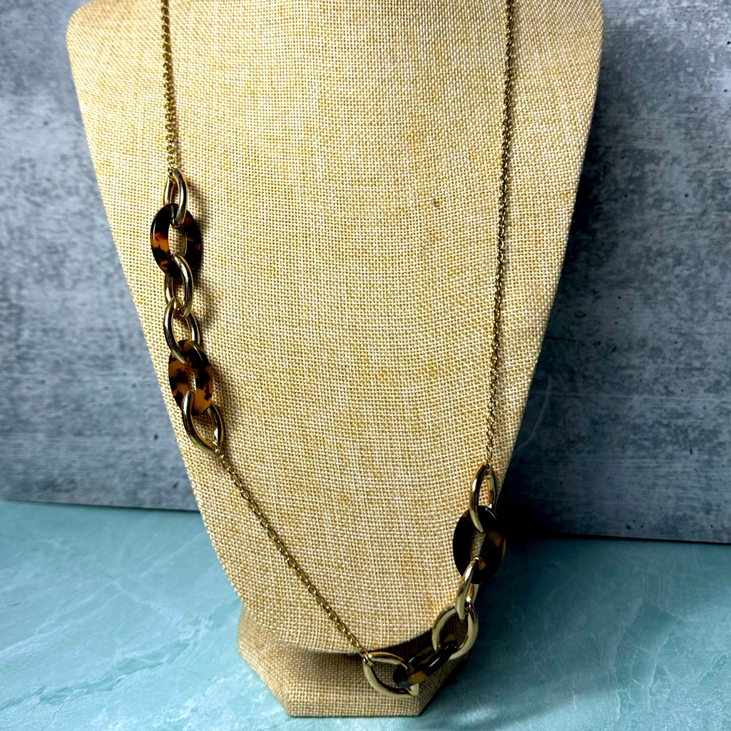 Vintage Nrq Faux Tortoise Chain Link Long Gold Tone Necklace